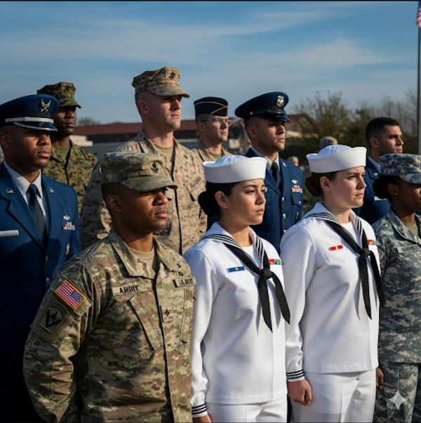Diverse group of U.S. military personnel in uniform, standing at attention outdoors.
