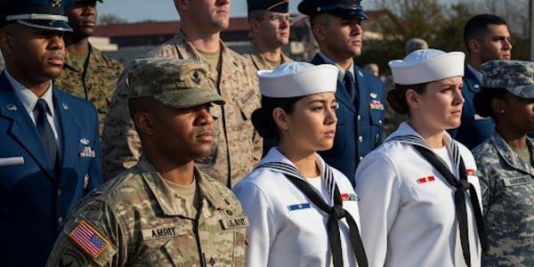Diverse group of U.S. military personnel in uniform, standing at attention outdoors.
