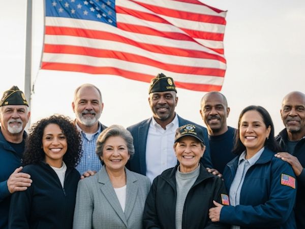 Diverse group of veterans smiling in front of an American flag.