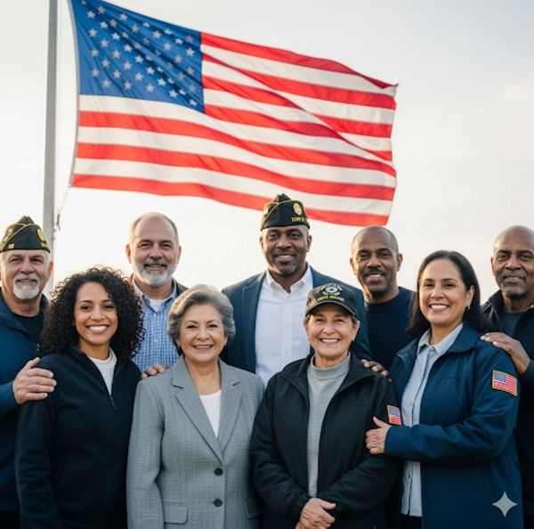 Diverse group of veterans smiling in front of an American flag.