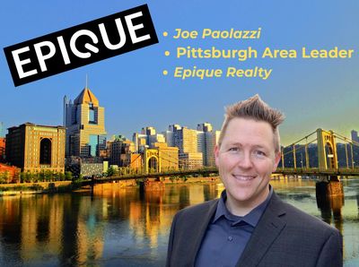Real estate agent Joe Paolazzi with Pittsburgh skyline background.