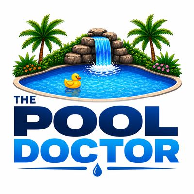 Logo featuring a pool with waterfall, palm trees, and a rubber duck, titled 'The Pool Doctor'.
