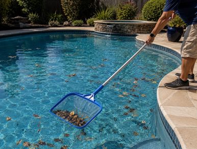 Person cleaning pool with net.