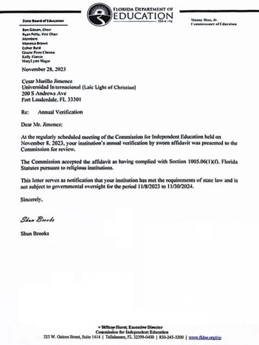 Carta oficial del Departamento de Educación de Florida a Universidad Internacional.