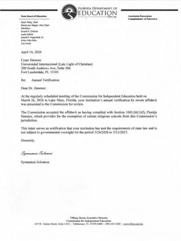 Carta de la Comisión de Educación de Florida para la verificación anual.