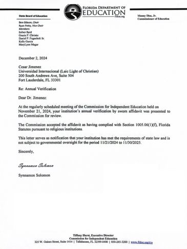 Carta oficial de la Florida Department of Education para Cesar Jimenez sobre verificación anual.