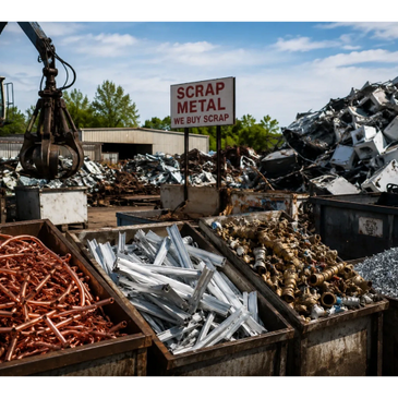 Scrap metal yard with various metals and a sign saying 'We Buy Scrap'.