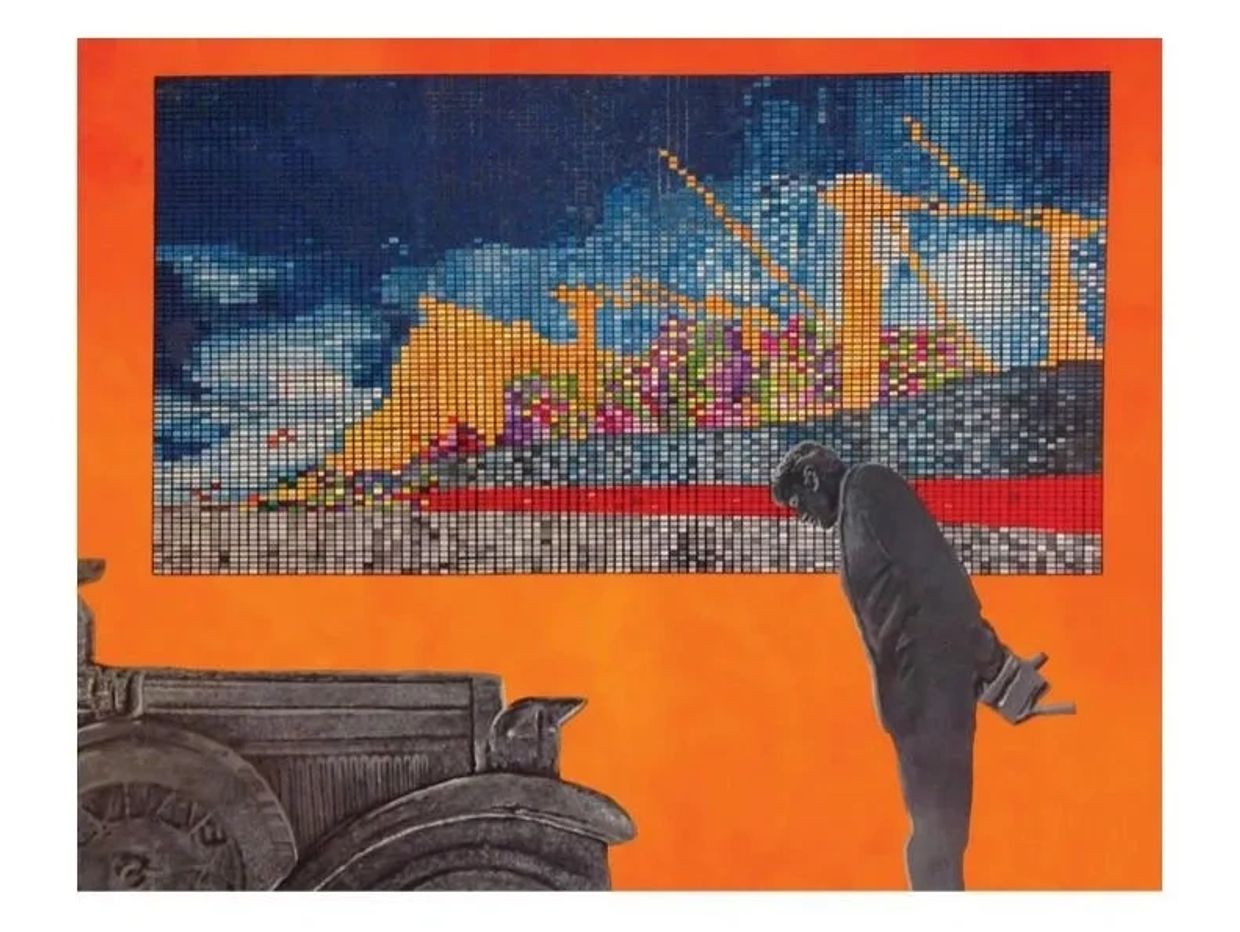 Man bows to a vintage car against an orange background with a pixelated mural above.