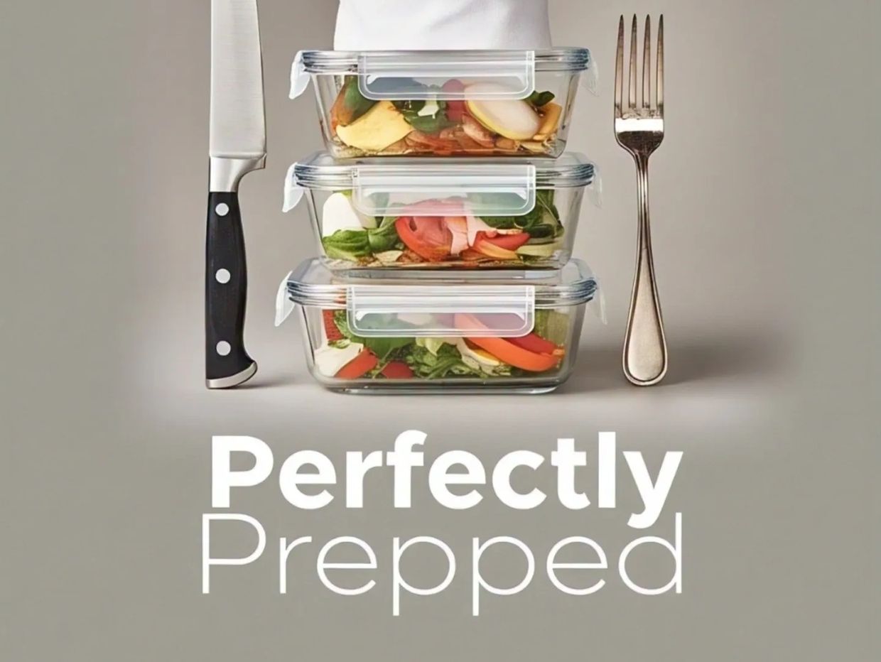 Stacked meal prep containers with knife, fork, and text "Perfectly Prepped".