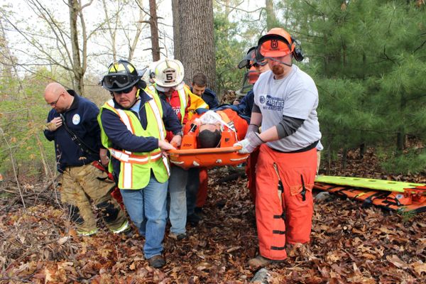 Rescue team carries injured person on stretcher through forest.