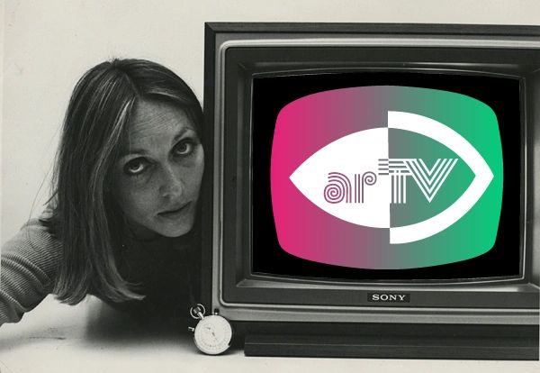Black-and-white photo of a woman next to a Sony TV displaying an artTV logo.