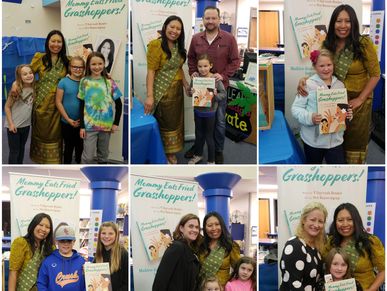 The author Vilayvanh Bender with students and parents at a Redlands book fair