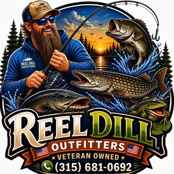 Colorful fishing logo with angler, fish, frog, and sunset.