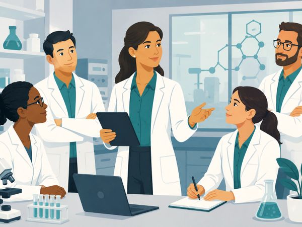 Scientists in lab coats discussing research in a modern laboratory.