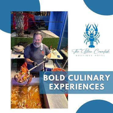 Chef preparing a seafood boil at The Blue Crawfish Boutique Hotel.