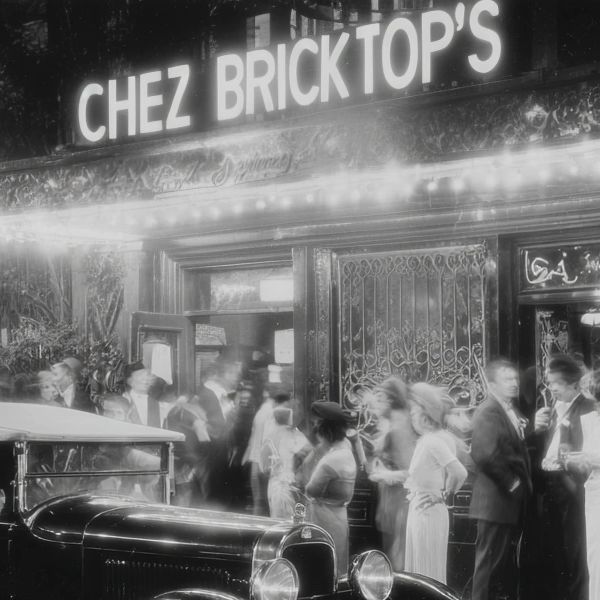 Vintage black-and-white scene outside Chez Brick Top's with classic car and people dressed formally.