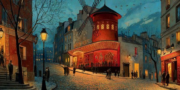 Evening scene of Moulin Rouge in Paris with glowing lights and people.