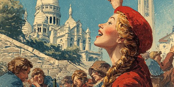 A joyful woman in a red beret enjoying a lively outdoor gathering near historic architecture.