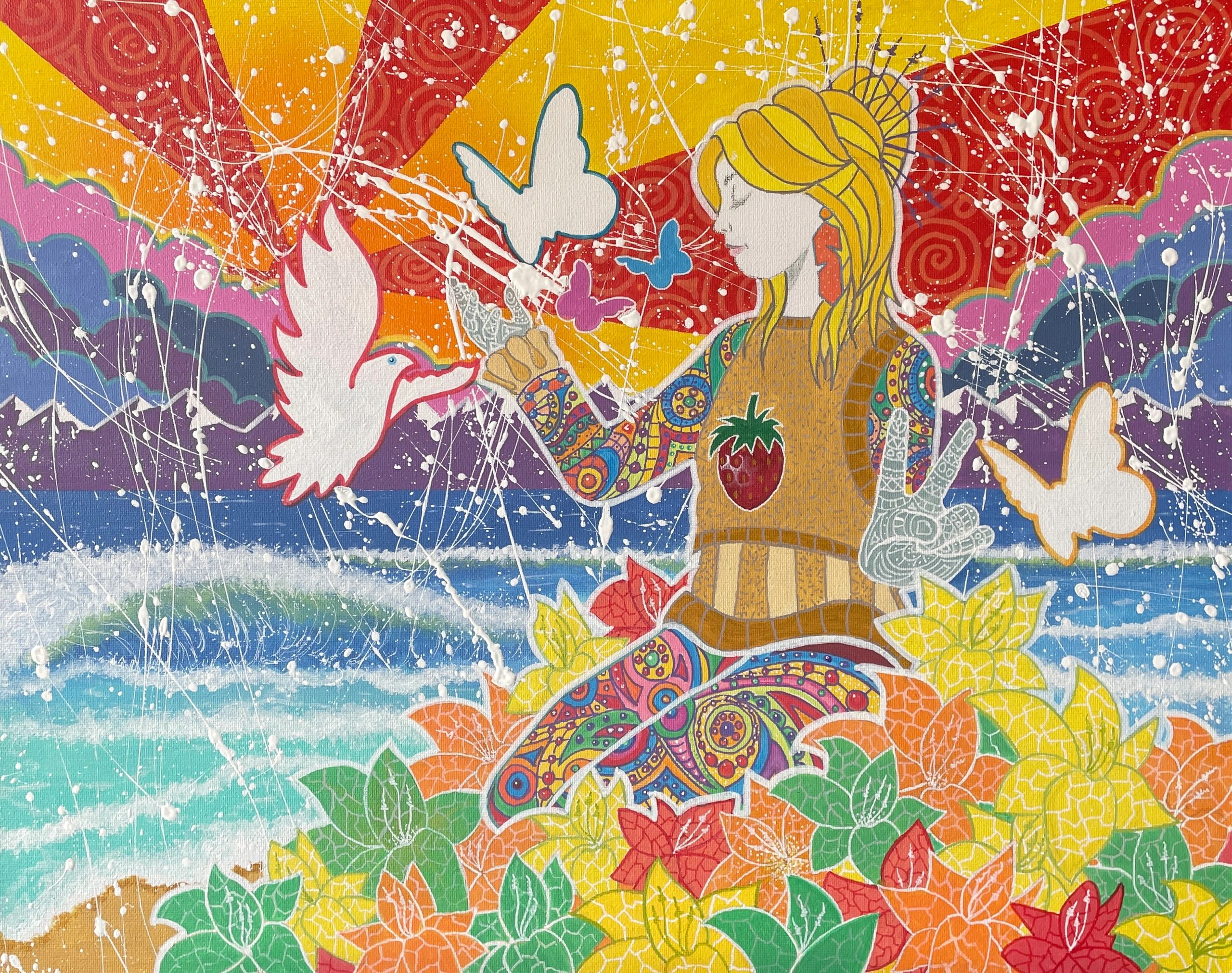 Garden by ocean with young woman sitting overlooking an ocean with butterflies and a dove flying aro