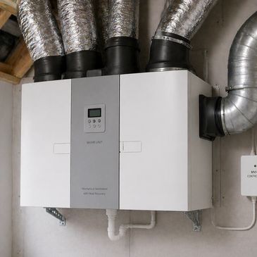A mechanical ventilation unit with ducts installed on a wall.