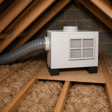 Air ventilation unit installed in an attic space.