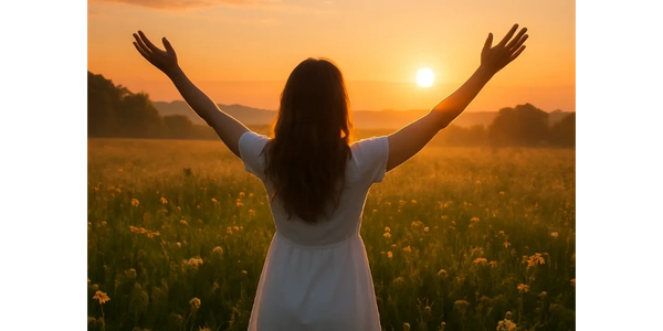 Woman in white dress with arms raised, embracing a sunset in a flower field.