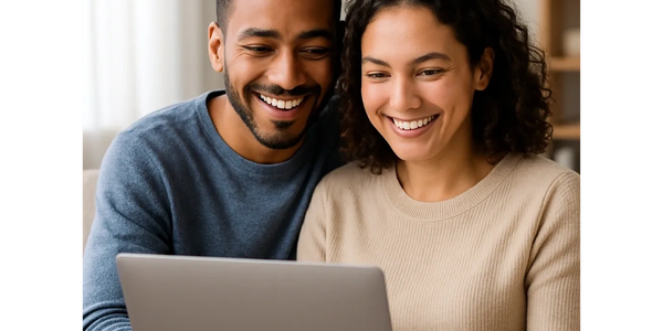 Happy couple looking at a laptop screen together.