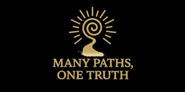 Golden spiral path logo with the phrase 'Many Paths, One Truth' on black background.