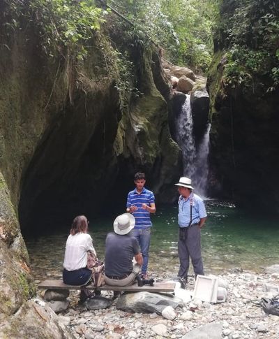 Tour guide talking to people in front of a waterfall