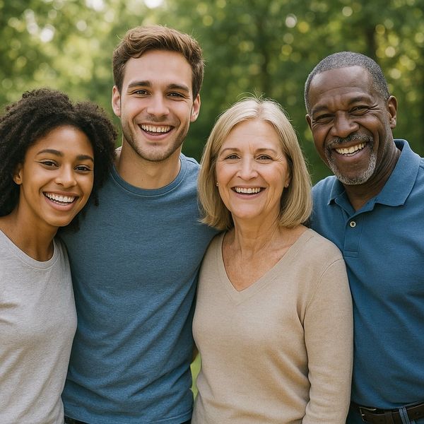 A diverse group of four people smiling outdoors with trees in the background.
