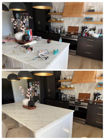 Modern kitchen island before and after cleaning with decor and black cabinets.