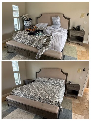 Before and after images of a bedroom with an unmade and then neatly made bed.