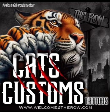 Tiger clawing through text logo for Cats Customs Tattoos.