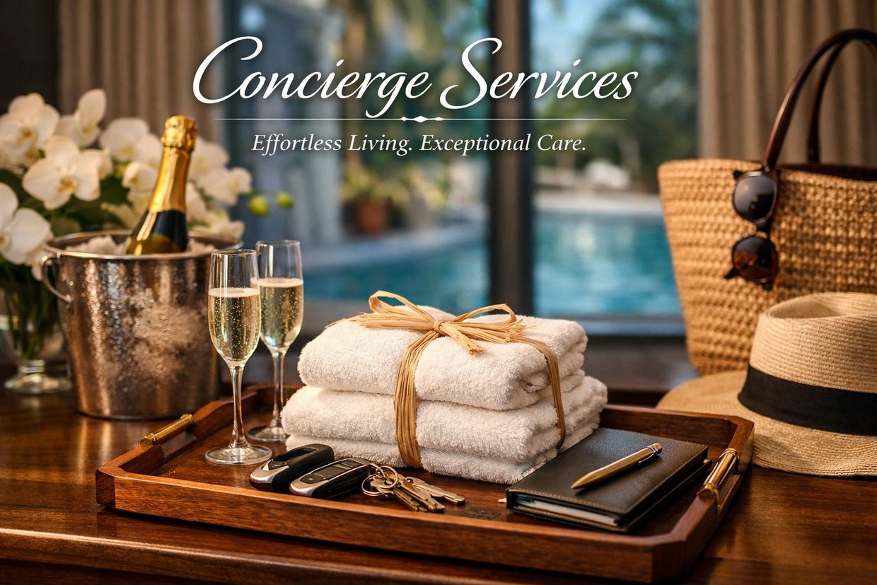Luxury concierge setup with champagne, towels, and essentials by the pool.