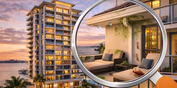 Magnified view of a cozy balcony in a sunset-lit modern apartment building.