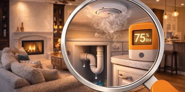 Magnified view of a leaking pipe and high humidity inside a cozy living room.