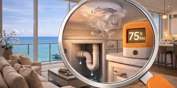 Magnifying glass reveals 75% humidity and leaking pipes in a beautiful oceanfront living room.