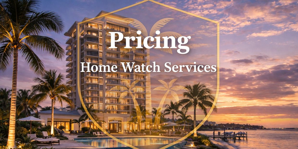 Sunset view of a luxury building with text about home watch service pricing.