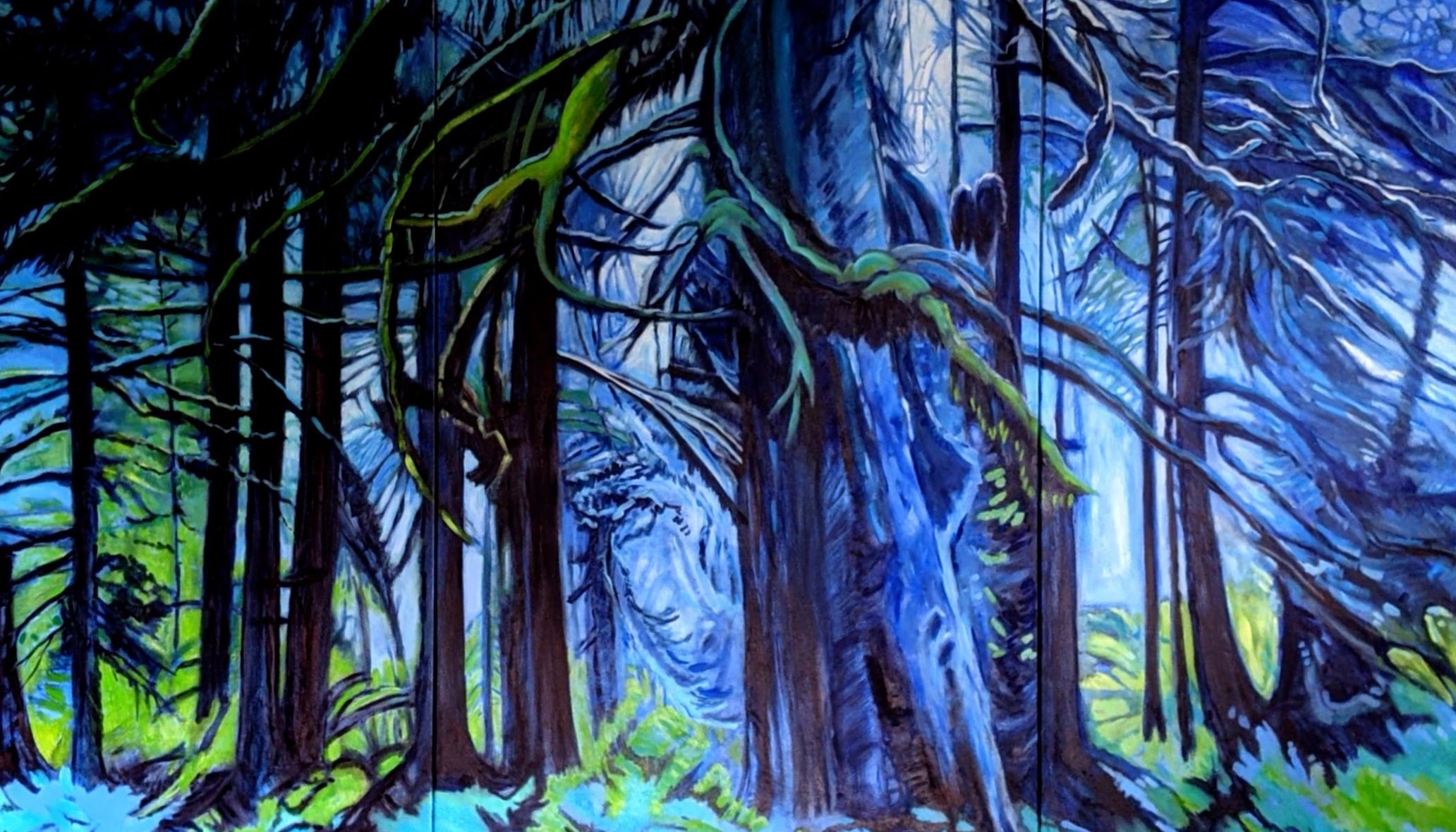 Forest Mystery a 5x9 foot tryptic painting of how the source of life for humans on our planet today