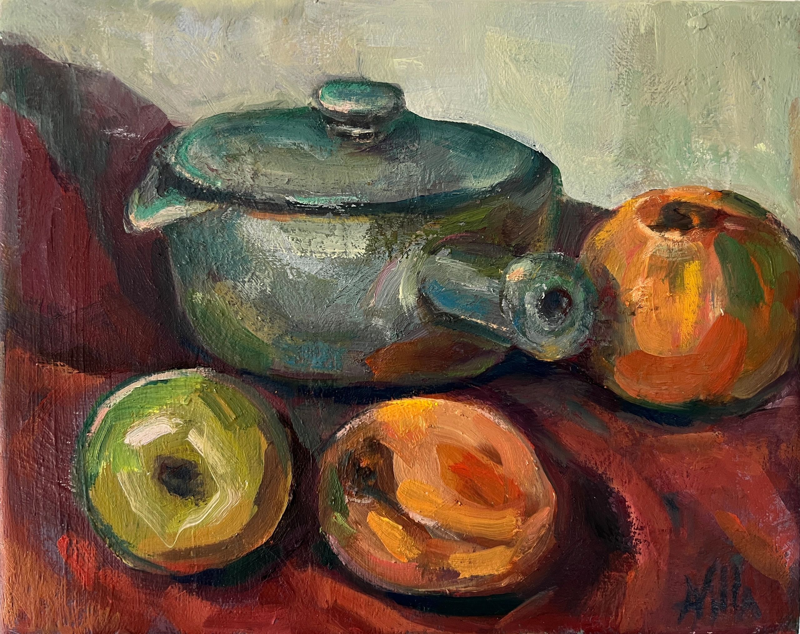 Artist Anna Villa painted a green ceramic pot with fruit trio.