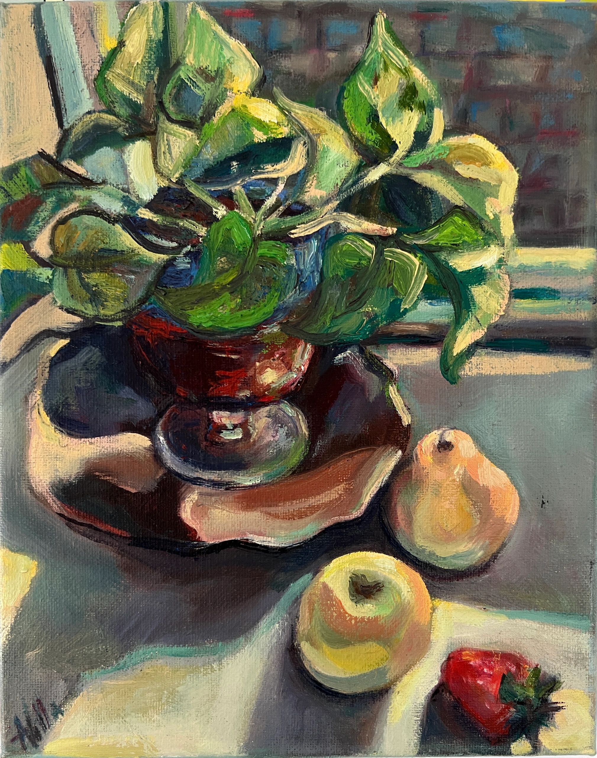 Sun filled room. Anna Villa’s painting depicts an indoor plant with fruit trio.