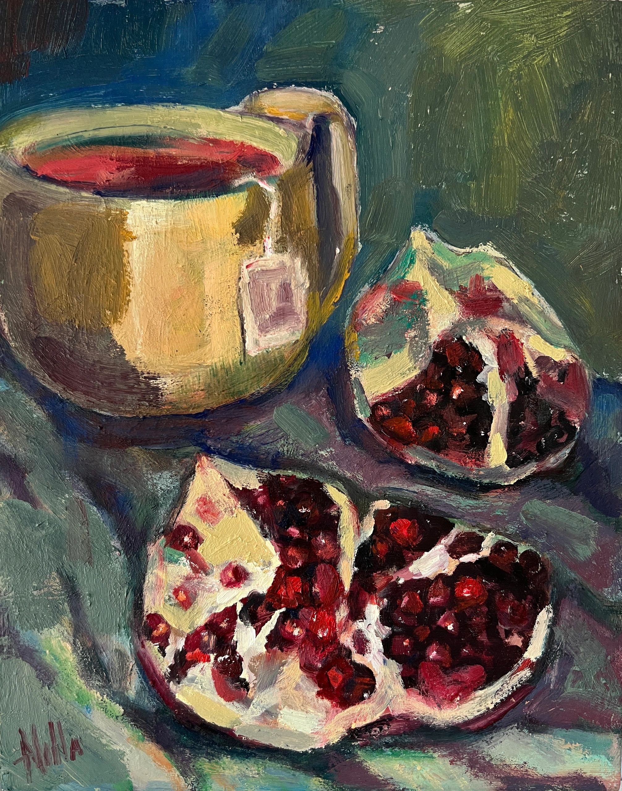 Ripe and opened pomegranate and tea cup filled with sweet tea, painting by Anna Villa.