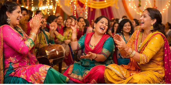 Women joyfully clapping and dancing in colorful traditional attire at a festive celebration.