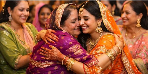 Bride joyfully embraces an elder woman at a traditional Indian wedding.