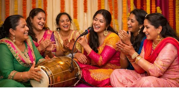 Women joyfully singing and playing traditional music at a festive gathering.
