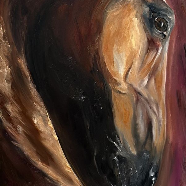 Close-up painting of a horse's face with rich, warm colors.