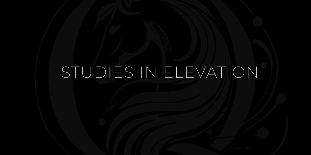 Minimalist text 'STUDIES IN ELEVATION' on a dark background with a subtle horse design.