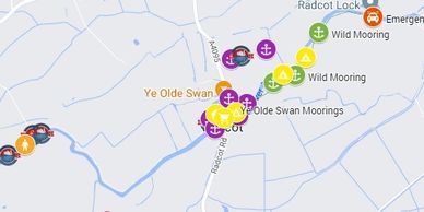 Map showing mooring and emergency points along the River Thames near Ye Olde Swan.