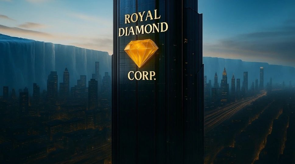 Skyscraper with glowing Royal Diamond Corp. logo in a futuristic city at dusk.