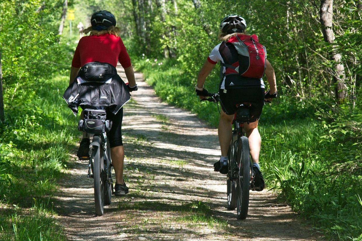Two young women riding bikes on a wooded trail.
